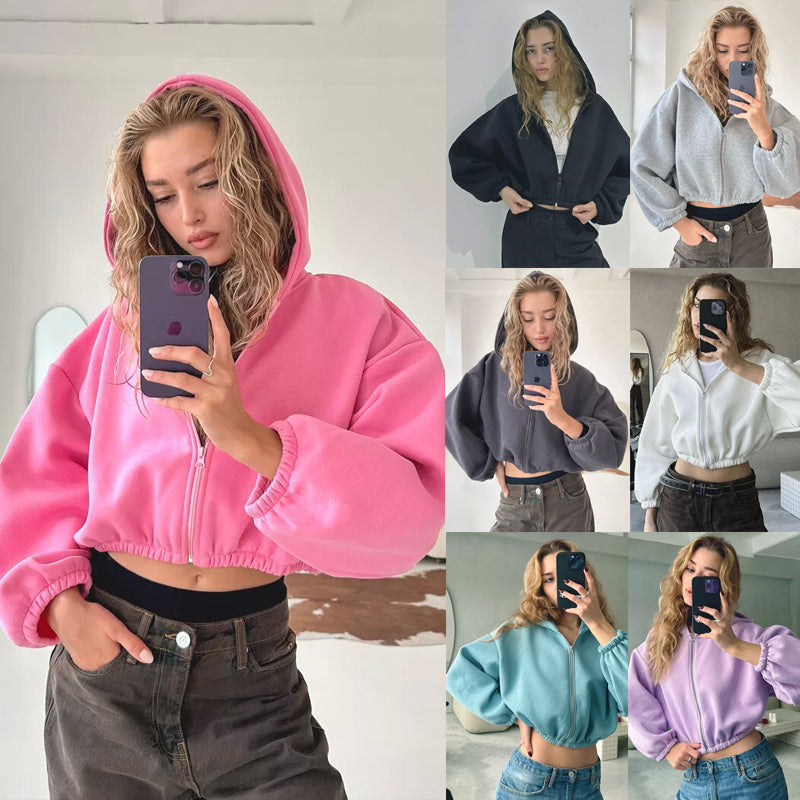 Veste courte à capuche européenne et américaine avec fermeture à glissière