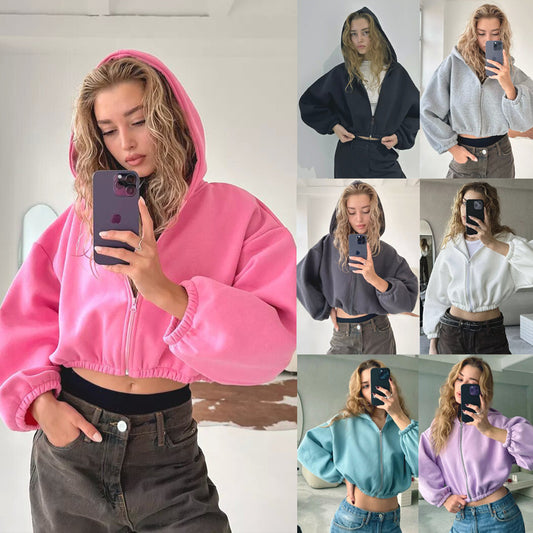 Veste courte à capuche européenne et américaine avec fermeture à glissière