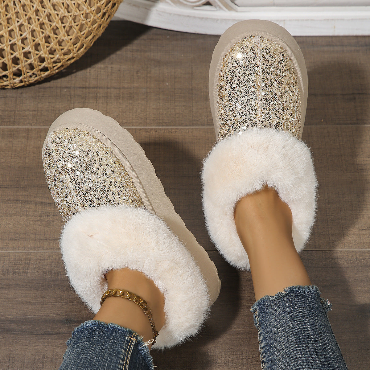 Chaussures en peluche à semelles épaisses à paillettes, chaussures d'hiver | chaussures chaudes | décontractées | pour l'intérieur et l'extérieur | chaussures de jardin