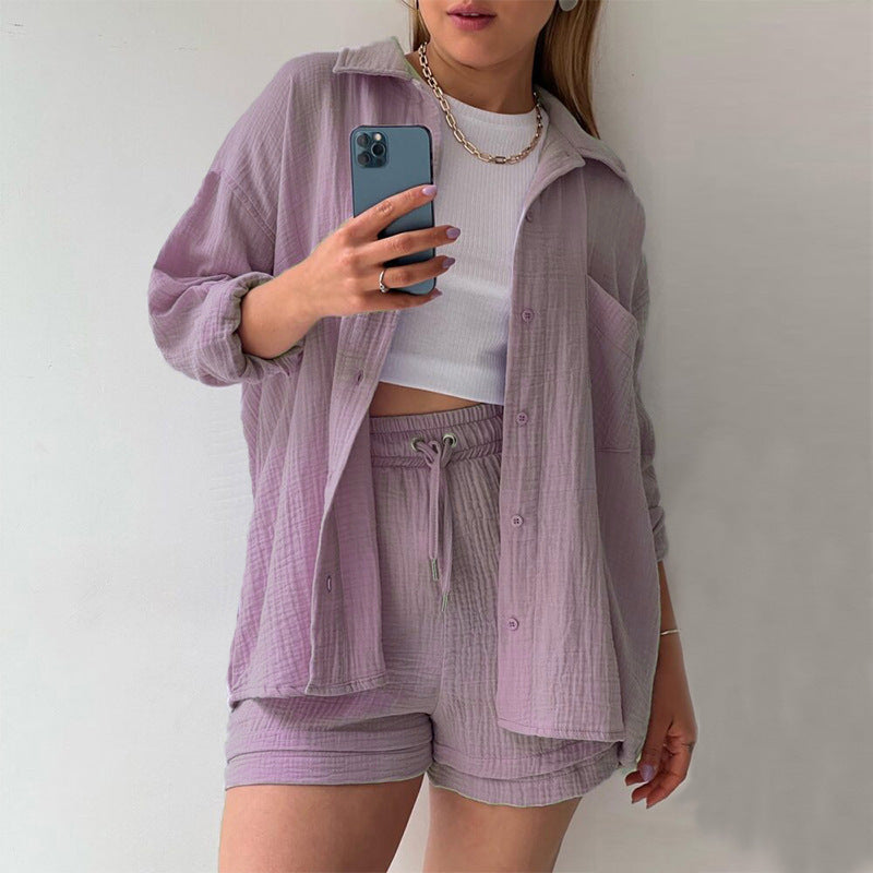 Chemise à manches longues à revers en tissu froissé pour femmes, ensemble décontracté à la mode