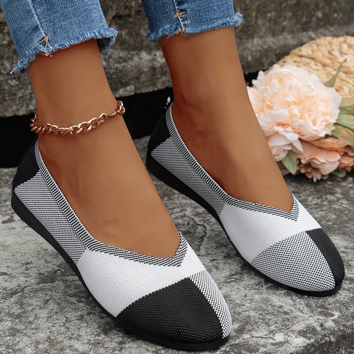 Mode Colorblock chaussures plates volant tissé respirant confortable mocassins pour femmes