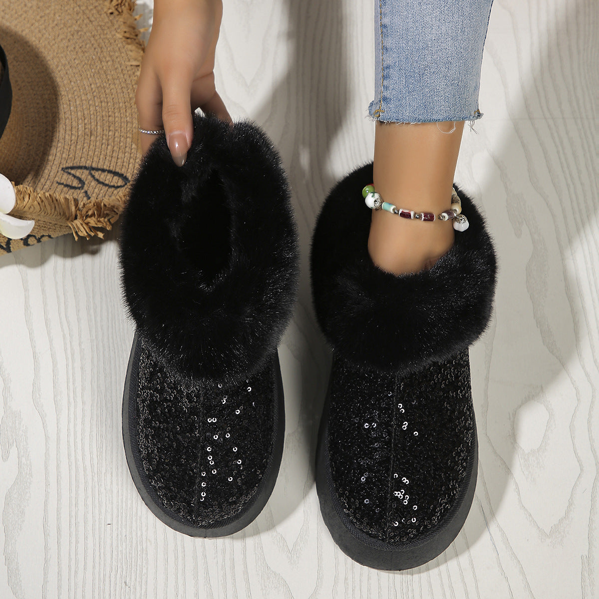 Chaussures en peluche à semelles épaisses à paillettes, chaussures d'hiver | chaussures chaudes | décontractées | pour l'intérieur et l'extérieur | chaussures de jardin