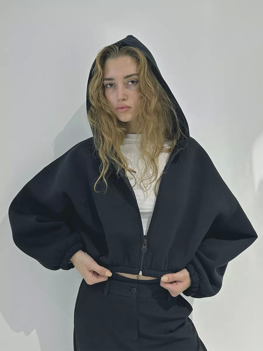 Veste courte à capuche européenne et américaine avec fermeture à glissière