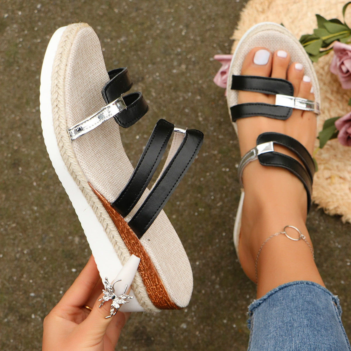 Pantoufles d'été à talons en chanvre, sandales à bandoulière Colorblock pour femmes