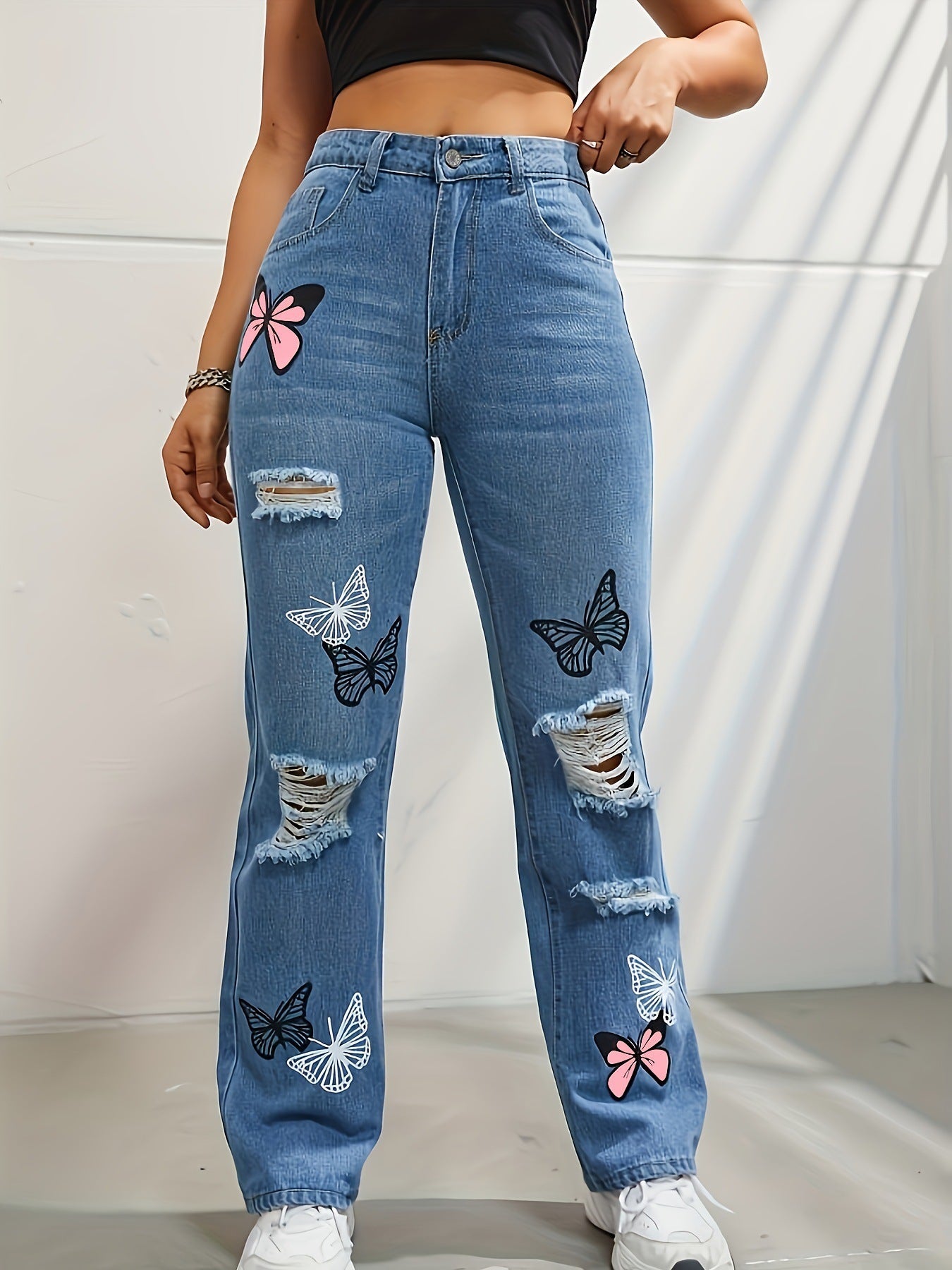 Jeans à jambes droites taille haute pour femmes, pantalons en denim déchirés avec imprimé papillon | tendance