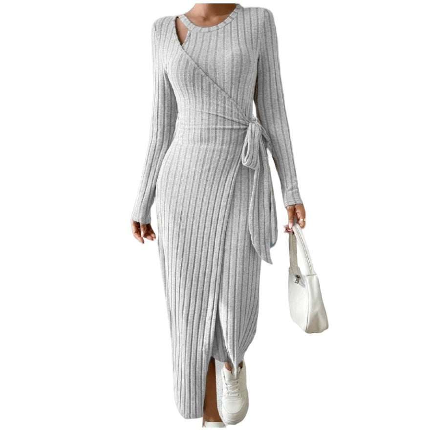 Robe à col rond à manches longues étroite à col rond pour femmes