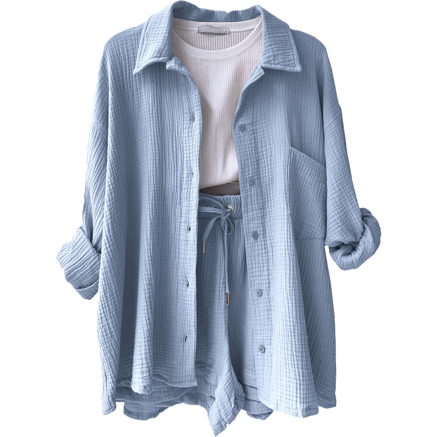 Chemise à manches longues à revers en tissu froissé pour femmes, ensemble décontracté à la mode