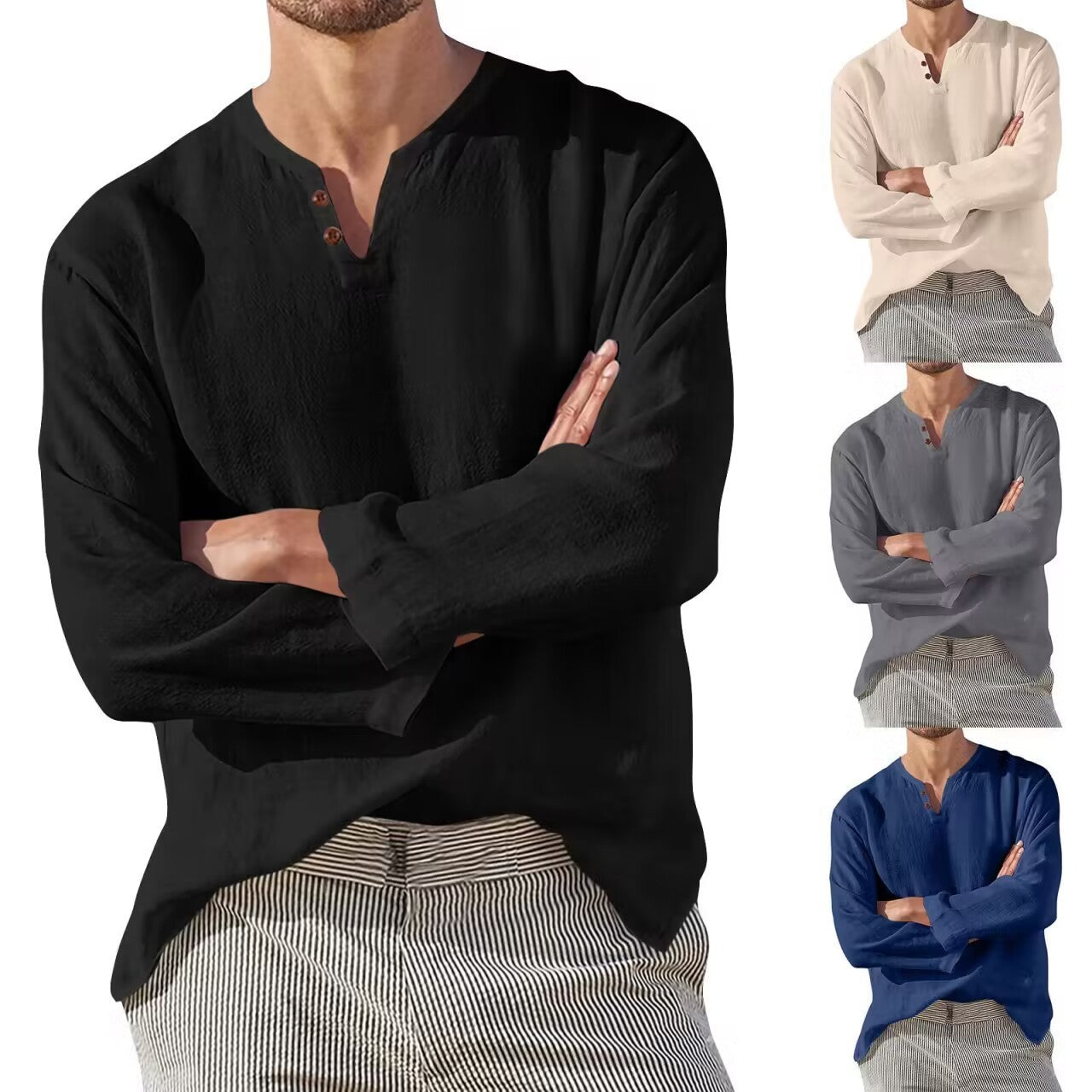 Chemise de plage en lin et en coton à manches longues pour hommes, tenue décontractée et respirante