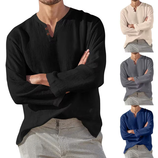 Chemise de plage en lin et en coton à manches longues pour hommes, tenue décontractée et respirante