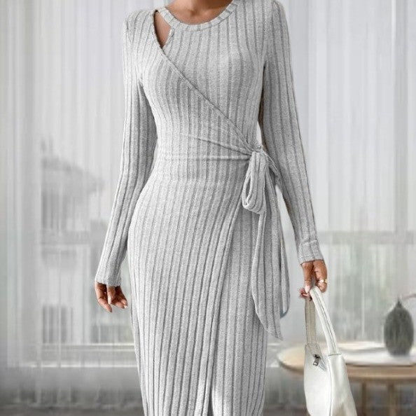 Robe à col rond à manches longues étroite à col rond pour femmes