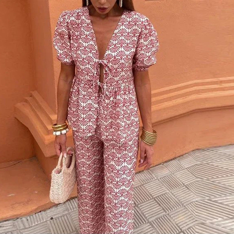 Summer Printed Pleated Women's Pants Suit Hollow Out Suit