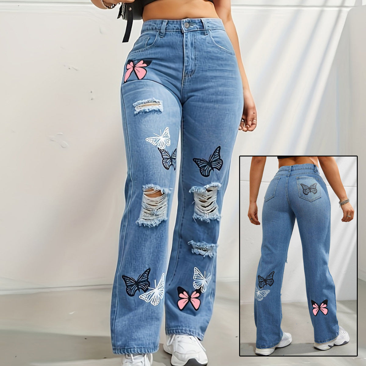 Jeans à jambes droites taille haute pour femmes, pantalons en denim déchirés avec imprimé papillon | tendance