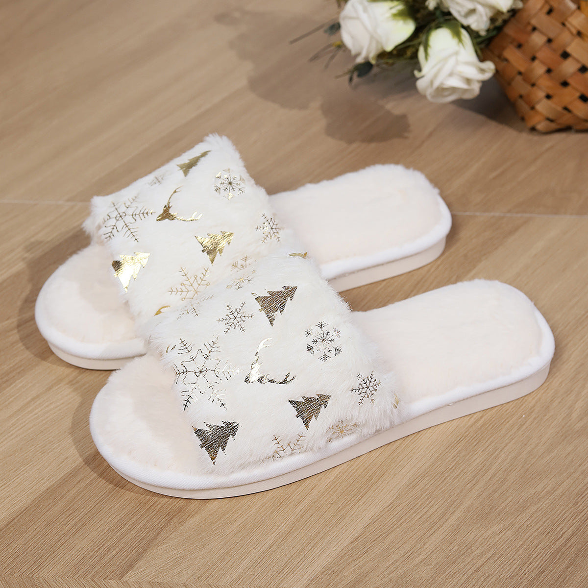 Chaussons de Noël en peluche à la mode, pantoufle d'intérieur à bout ouvert | chaussures de maison antidérapantes pour les couples femmes hommes